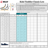 Billy Kids/Toddler Classic Low shoe size chart with measurements and specifications.