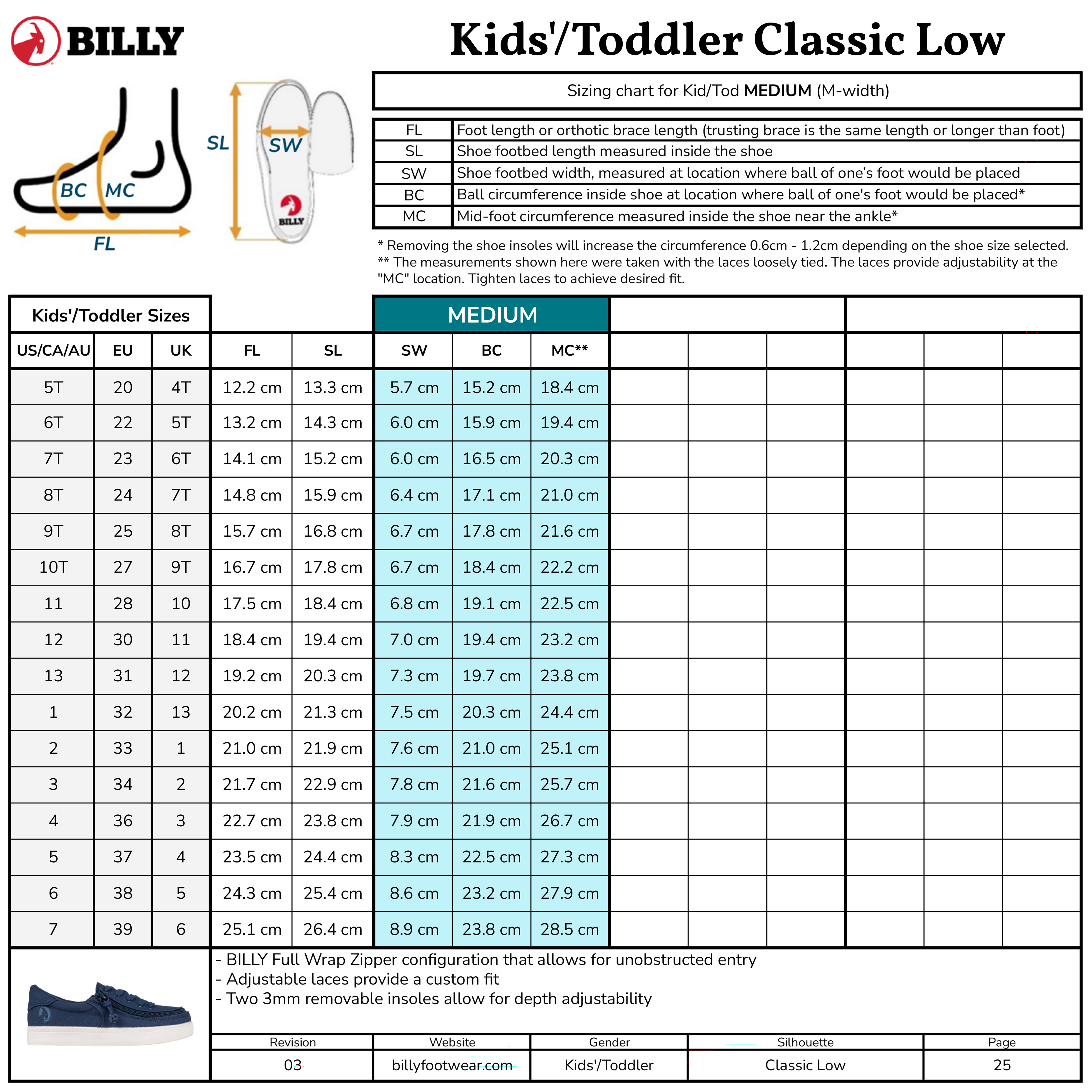Billy Kids/Toddler Classic Low shoe size chart with measurements and specifications.