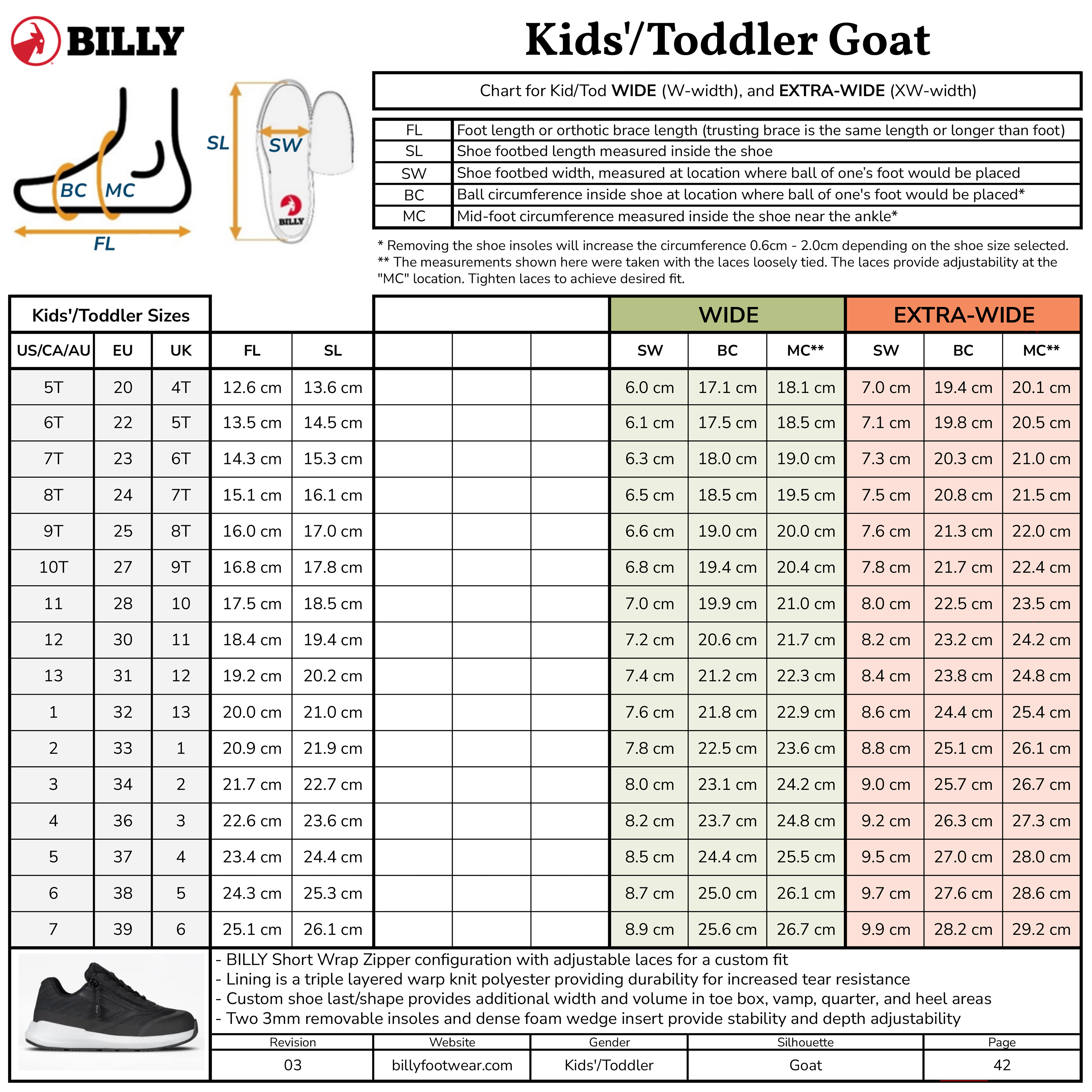 Kids'/Toddler BILLY Goat afo-friendly shoes sizing chart