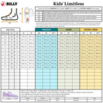 Billy Kids' Limitless shoe size chart with measurements for foot length, width, and extra-wide options.