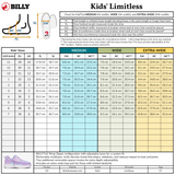 Billy Kids' Limitless shoe size chart with measurements for foot length, width, and extra-wide options.