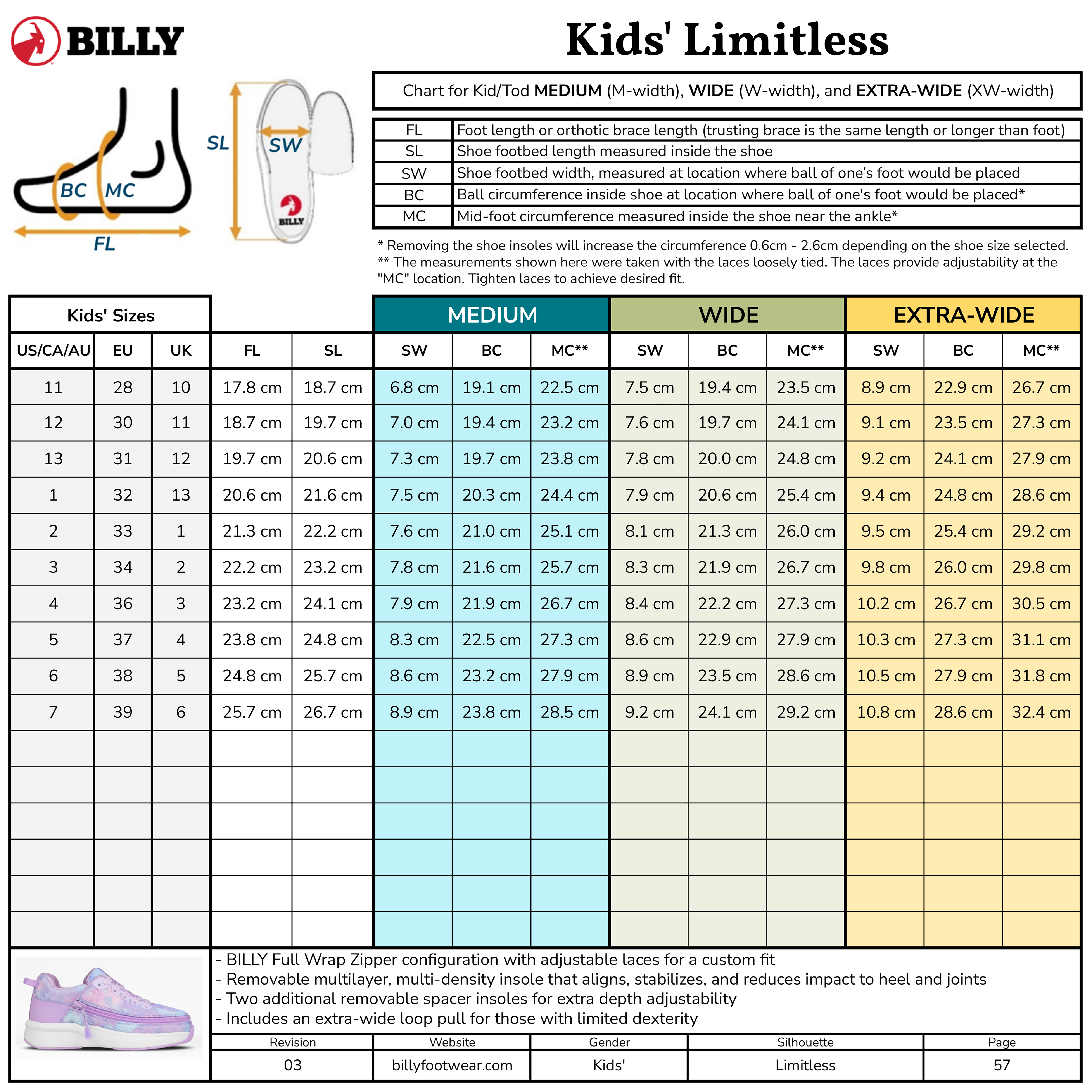 Billy Kids' Limitless shoe size chart with measurements for foot length, width, and extra-wide options.