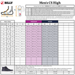 Billy Men's CS High sizing chart with shoe measurements and specifications.