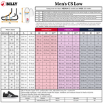 Sizing chart for BILLY Men's CS Low shoes with measurements and shoe size guide.