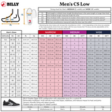 Sizing chart for BILLY Men's CS Low shoes with measurements and shoe size guide.