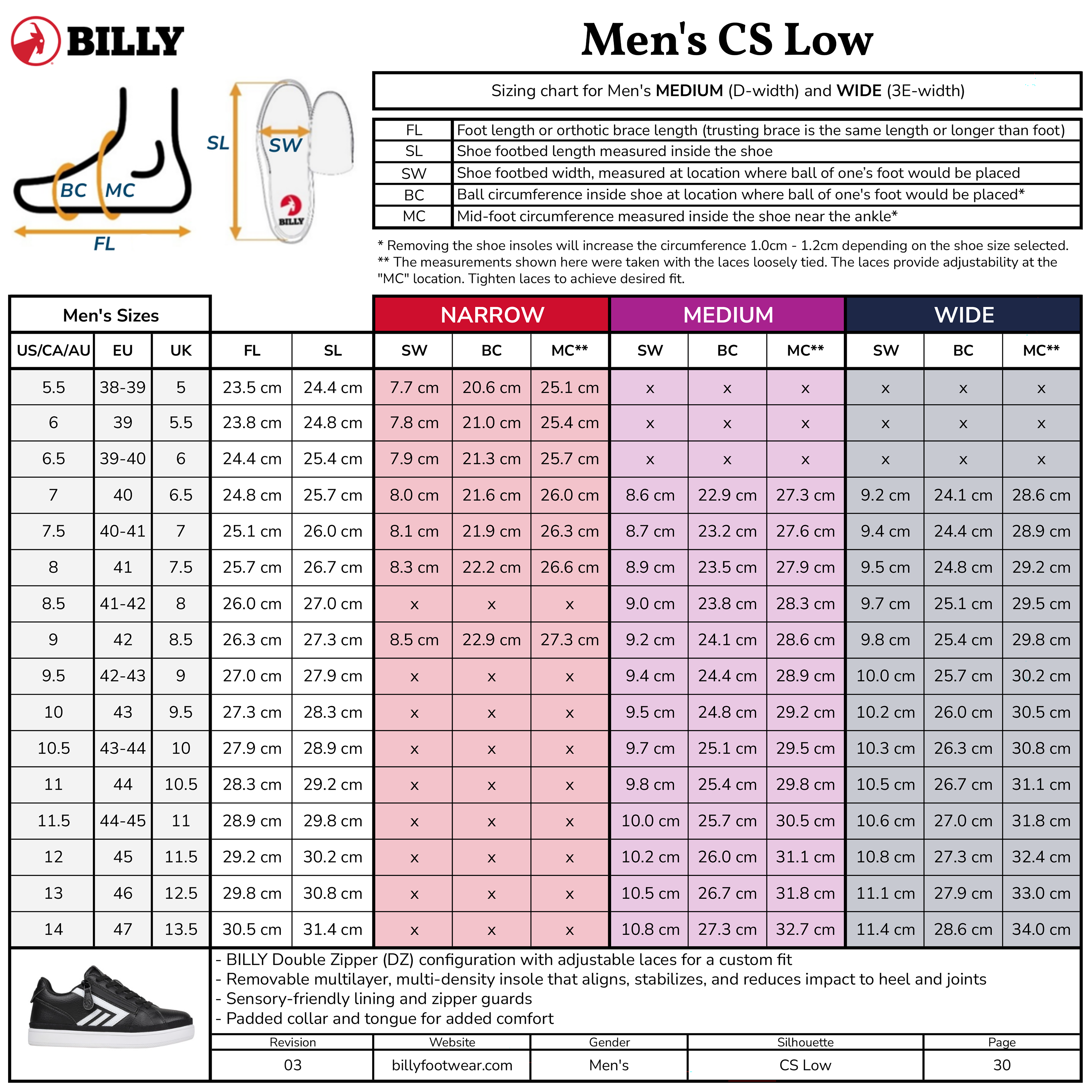 Sizing chart for BILLY Men's CS Low shoes with measurements and shoe size guide.