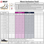Billy Men's Inclusion Trail sizing chart with shoe measurements.