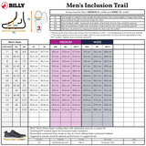 Billy Men's Inclusion Trail sizing chart with shoe measurements.