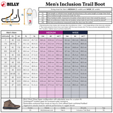 Billy Men's Inclusion Trail Boot sizing chart with boot graphic and measurements.