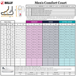 The sizing chart for the Men's White/Navy BILLY Comfort Court by BILLY Footwear displays US, UK, EU sizes, shoe length, foot width for Medium, Wide & Extra-Wide fits plus measurement diagrams and an image of the white sneaker.