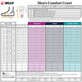 The sizing chart for the Men's White/Navy BILLY Comfort Court by BILLY Footwear displays US, UK, EU sizes, shoe length, foot width for Medium, Wide & Extra-Wide fits plus measurement diagrams and an image of the white sneaker.