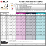 Sizing chart for BILLY Footwear Men's Black/Black/Gum Sport Inclusion DZ1 sneakers, with US, UK, EU, JP sizes, foot lengths and widths (cm), measurement diagrams, and Medium/Wide/Extra-Wide width categories.
