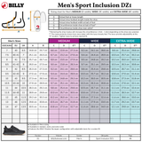 Sizing chart for BILLY Footwear Men's Black/Black/Gum Sport Inclusion DZ1 sneakers, with US, UK, EU, JP sizes, foot lengths and widths (cm), measurement diagrams, and Medium/Wide/Extra-Wide width categories.