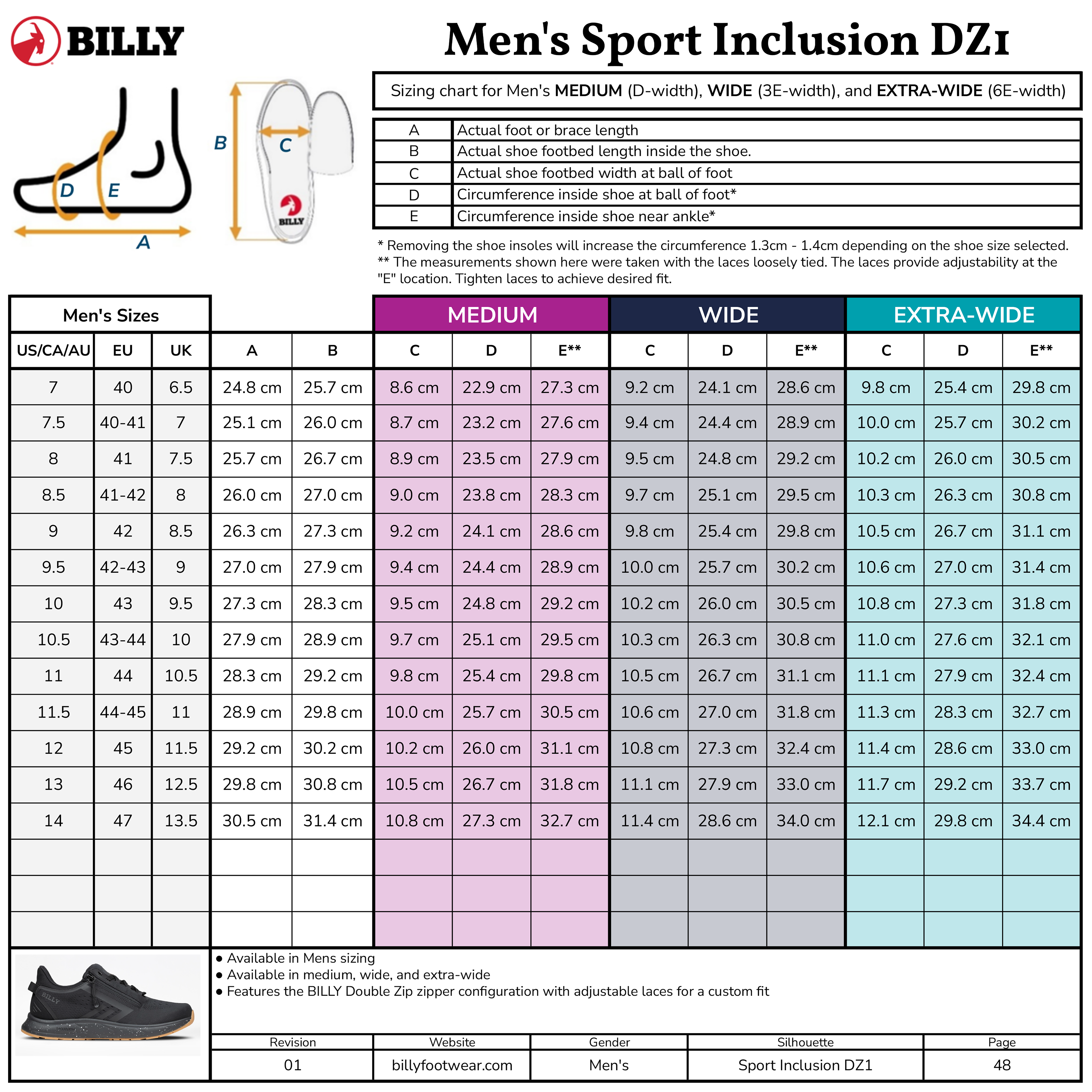 Sizing chart for BILLY Footwear Men's Black/Black/Gum Sport Inclusion DZ1 sneakers, with US, UK, EU, JP sizes, foot lengths and widths (cm), measurement diagrams, and Medium/Wide/Extra-Wide width categories.