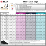 Men’s sizing chart for the BILLY Goat Classic High by BILLY Footwear. Includes wide and adjustable fit, US/CA/AU/UK/EU sizes, foot brace, inside shoe length, midfoot/heel circumference (all widths), plus diagram of measurement points.