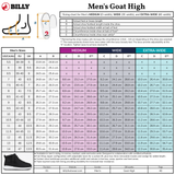 Men’s sizing chart for the BILLY Goat Classic High by BILLY Footwear. Includes wide and adjustable fit, US/CA/AU/UK/EU sizes, foot brace, inside shoe length, midfoot/heel circumference (all widths), plus diagram of measurement points.
