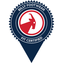 BILLY Footwear logo with a red goat icon on a blue background indicating a Fit-Certified location