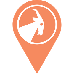 Map pointer icon with a goat symbol inside on a white background