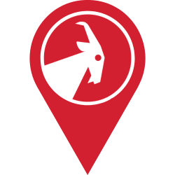 Red map pin icon with a white goat silhouette on a white background