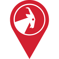 Red map pointer icon with a white goat silhouette on a white background