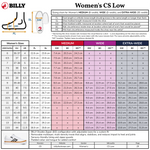 Sizing chart for BILLY Women's CS Low shoes with measurements and shoe size guide.