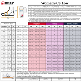 Sizing chart for BILLY Women's CS Low shoes with measurements and shoe size guide.