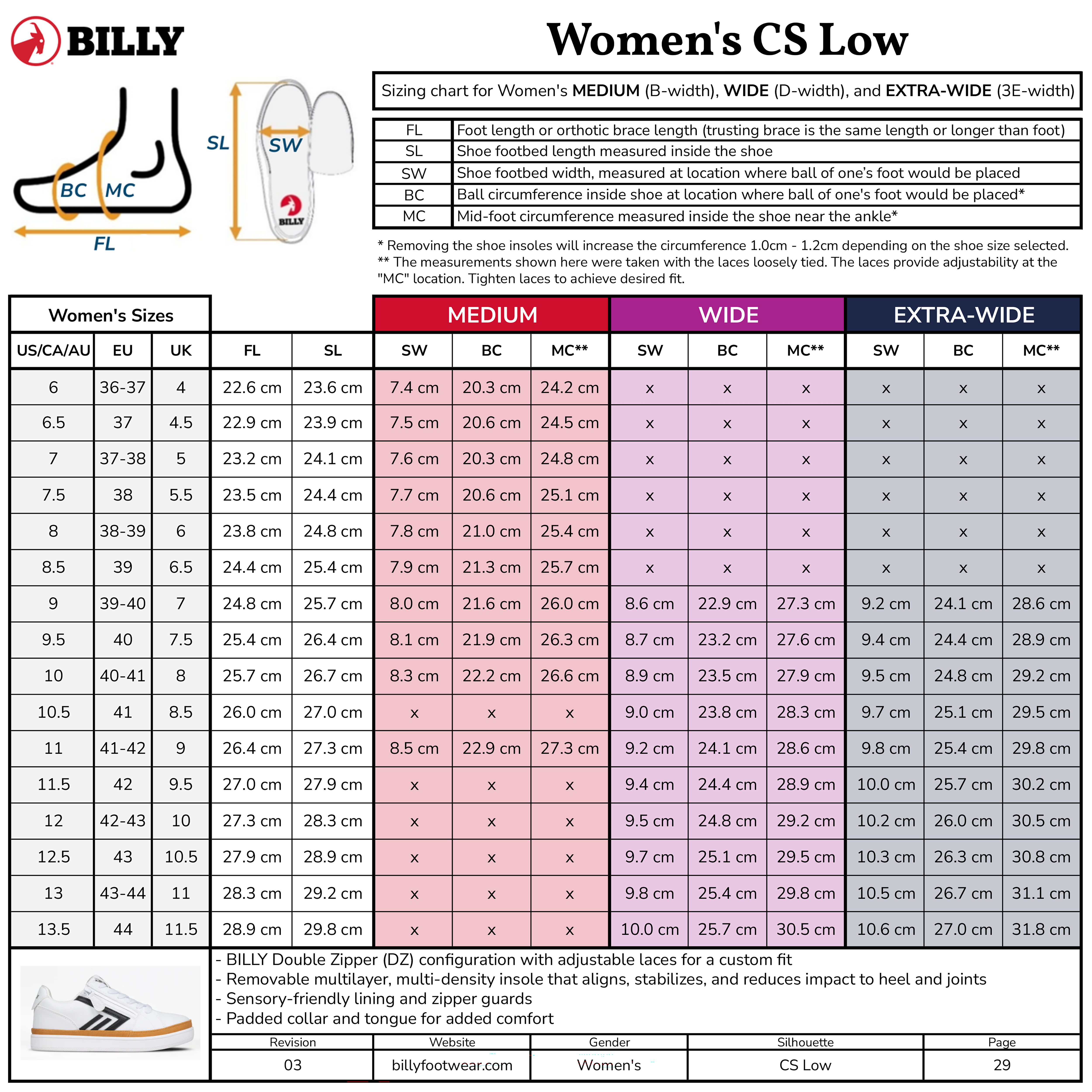 Sizing chart for BILLY Women's CS Low shoes with measurements and shoe size guide.