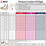 The sizing chart for Women's White/Tan/Black BILLY Comfort DZ High by BILLY Footwear shows US/CA/AU, UK, and EU sizes with foot measurements for medium, wide, and extra-wide widths. Includes diagram and tips on measuring foot size.