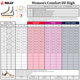 The sizing chart for Women's White/Tan/Black BILLY Comfort DZ High by BILLY Footwear shows US/CA/AU, UK, and EU sizes with foot measurements for medium, wide, and extra-wide widths. Includes diagram and tips on measuring foot size.