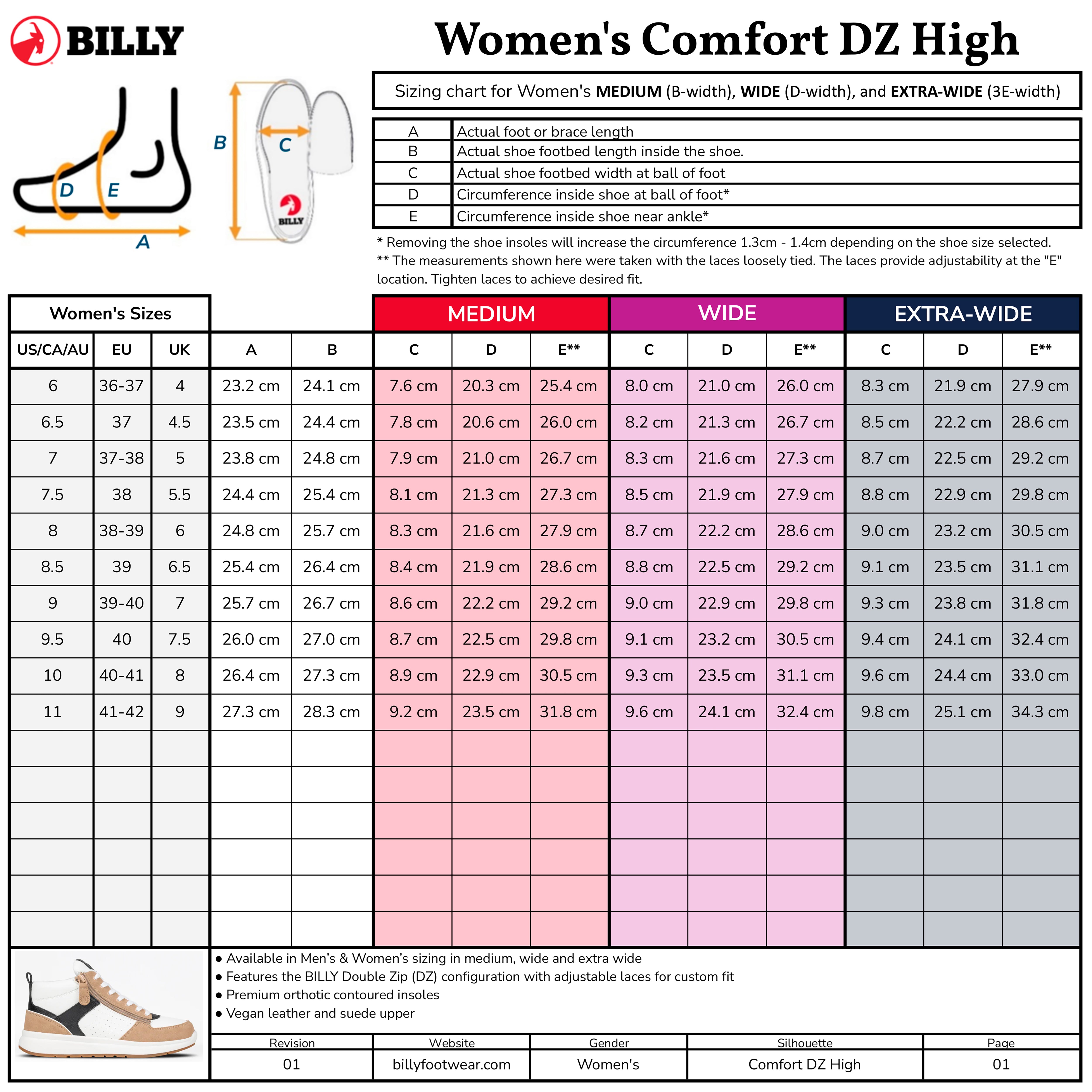 The sizing chart for Women's White/Tan/Black BILLY Comfort DZ High by BILLY Footwear shows US/CA/AU, UK, and EU sizes with foot measurements for medium, wide, and extra-wide widths. Includes diagram and tips on measuring foot size.