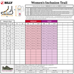 Billy Women's Inclusion Trail sizing chart for medium and wide width options.