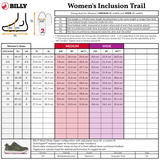 Billy Women's Inclusion Trail sizing chart for medium and wide width options.