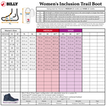 Billy Women's Inclusion Trail Boot size chart with boot illustration and measurement details.