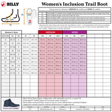 Billy Women's Inclusion Trail Boot size chart with boot illustration and measurement details.