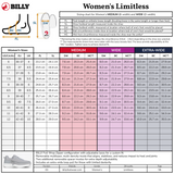 Billy Women's Limitless shoe size chart with measurement guide