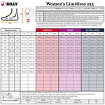 Billy Women's Limitless 253 shoe size chart with measurement guide