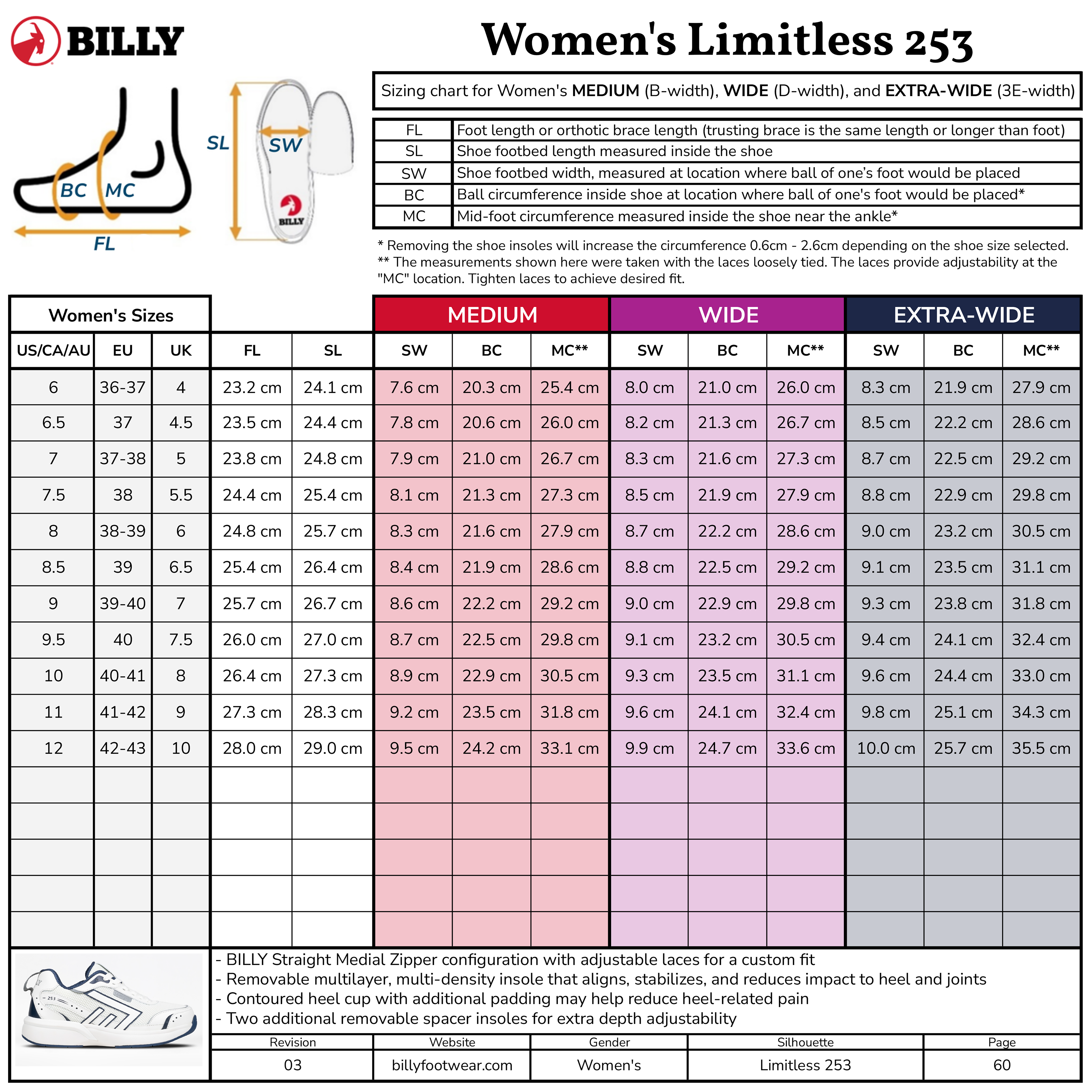 Billy Women's Limitless 253 shoe size chart with measurement guide