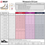 The Women's CS Low sizing chart by BILLY Footwear lists US, EU, and UK sizes with foot length in cm/inches for medium, wide, and extra-wide fits. Diagrams detail measurement points; a shoe image appears at bottom left.
