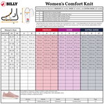 A sizing chart for BILLY Footwear's Women's Grey BILLY Comfort Knit shoes shows US/CA/AU, UK, EU sizes, foot length, and ball of foot circumference for Medium, Wide, and Extra-Wide widths; a pink sneaker appears in the corner.
