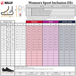 A BILLY Footwear women’s shoe sizing chart for the Mauve/White/Plum BILLY Sport Inclusion DZ1 shows US, UK, EU sizes, centimeter foot lengths, width options (Medium, Wide, Extra-Wide), and a diagram on measuring foot length and width.