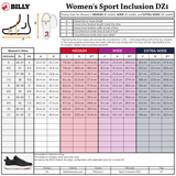 A BILLY Footwear women’s shoe sizing chart for the Mauve/White/Plum BILLY Sport Inclusion DZ1 shows US, UK, EU sizes, centimeter foot lengths, width options (Medium, Wide, Extra-Wide), and a diagram on measuring foot length and width.
