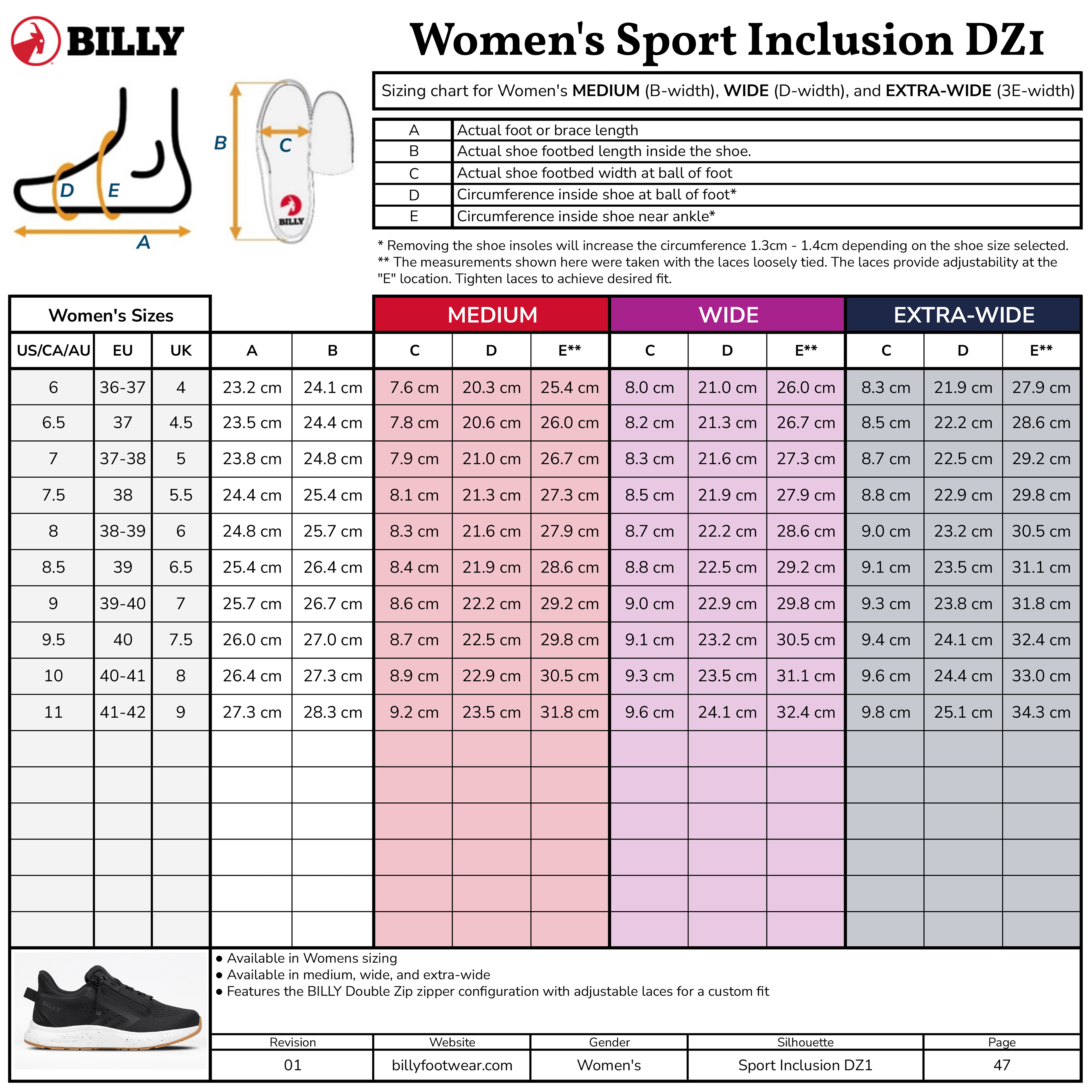 A BILLY Footwear women’s shoe sizing chart for the Mauve/White/Plum BILLY Sport Inclusion DZ1 shows US, UK, EU sizes, centimeter foot lengths, width options (Medium, Wide, Extra-Wide), and a diagram on measuring foot length and width.