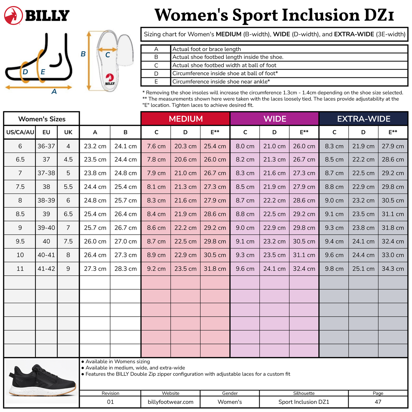 Women's Black/White/Gum BILLY Sport Inclusion DZ1