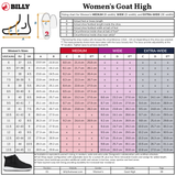 A sizing chart featuring the Women's Goat Classic High shoe from BILLY Footwear, showing width options.