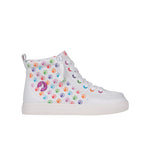 The BILLY Footwear Kids'/Toddler Classic Lace High (Sale) features a white high-top design with multicolored smiley faces, rainbow eyelets, white laces, and a wraparound zipper in Rainbow color, shown from the side on a white background.