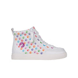 The BILLY Footwear Kids'/Toddler Classic Lace High (Sale) features a white high-top design with multicolored smiley faces, rainbow eyelets, white laces, and a wraparound zipper in Rainbow color, shown from the side on a white background.