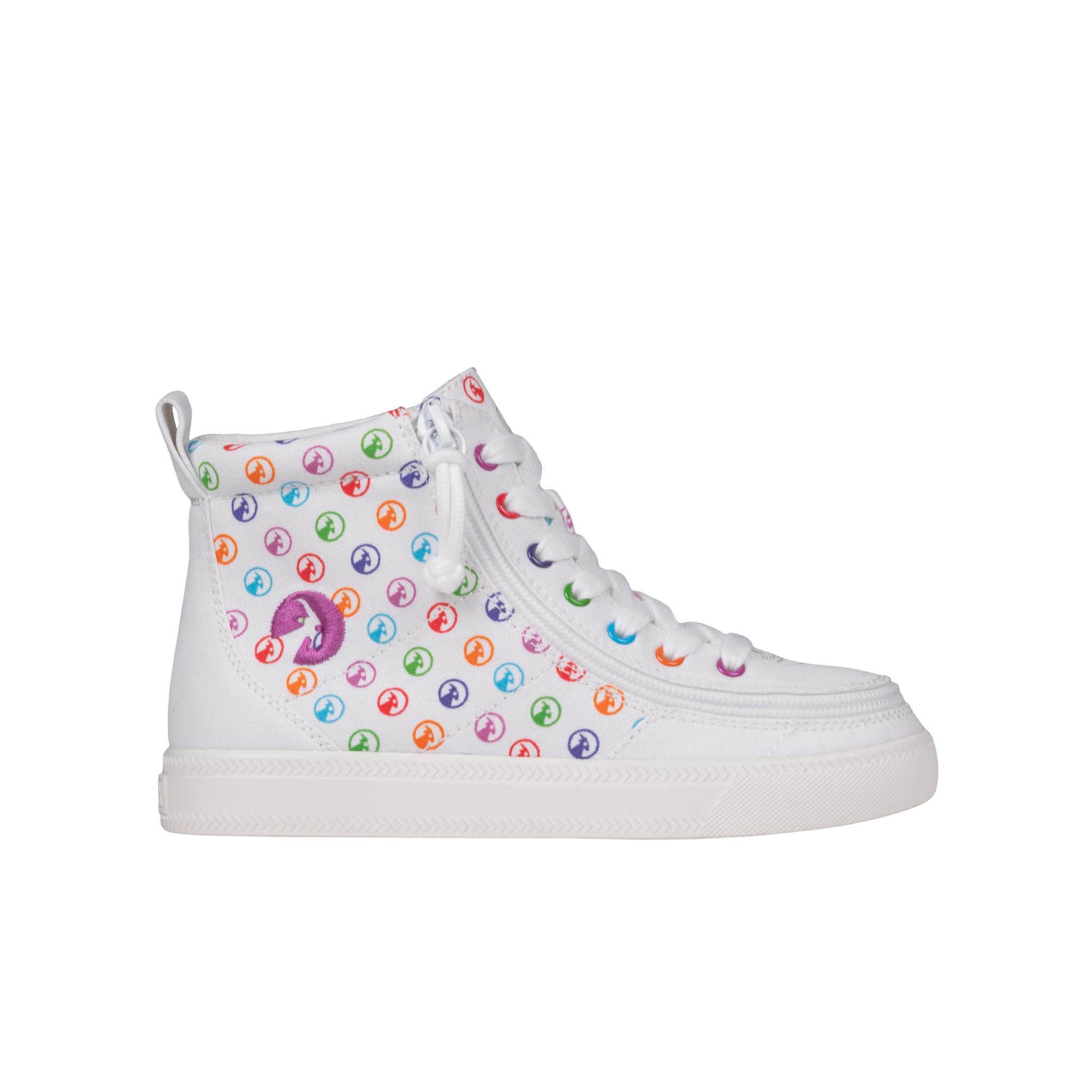 The BILLY Footwear Kids'/Toddler Classic Lace High (Sale) features a white high-top design with multicolored smiley faces, rainbow eyelets, white laces, and a wraparound zipper in Rainbow color, shown from the side on a white background.