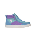 Blue and purple high-top sneaker on a white background
