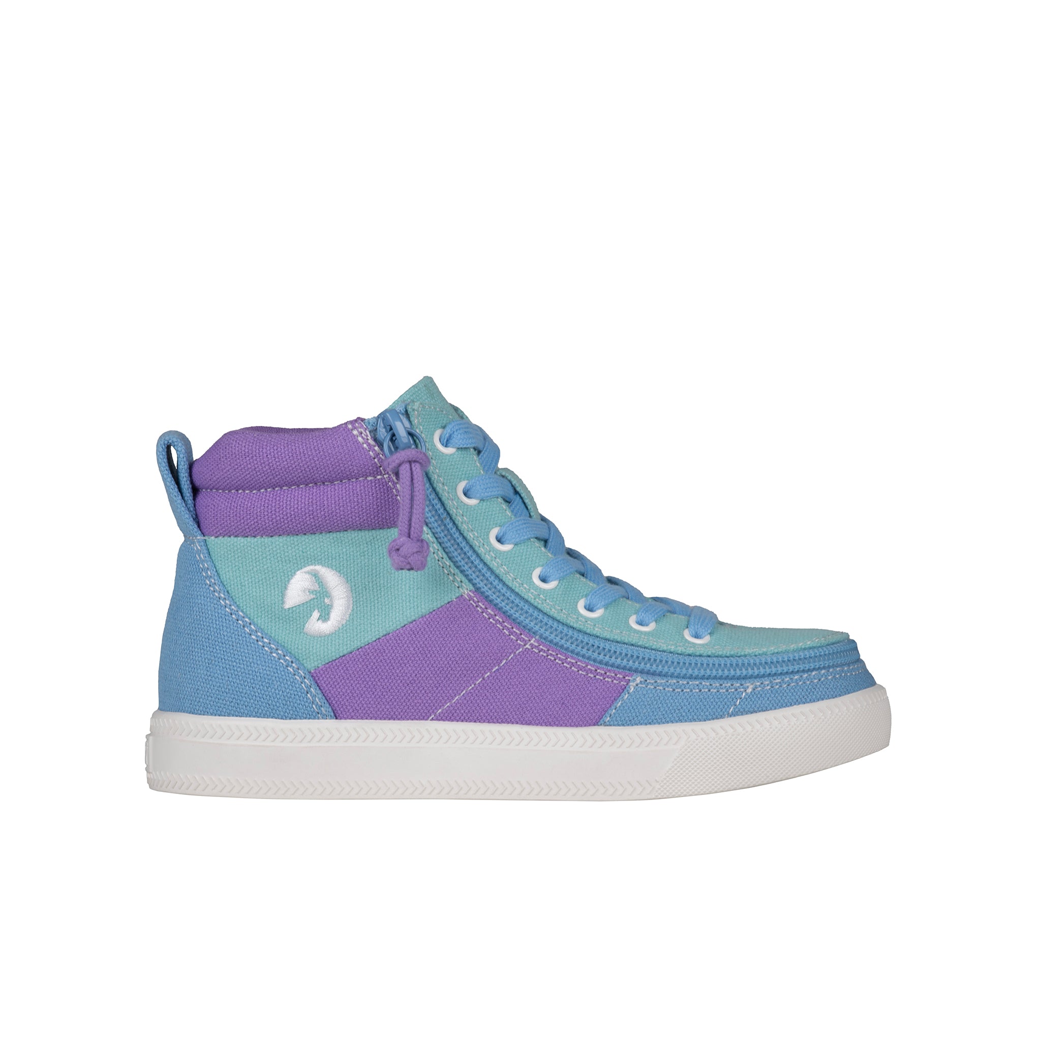 Blue and purple high-top sneaker on a white background
