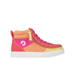 Colorful high-top sneaker with pink, orange, and yellow accents on a white background
